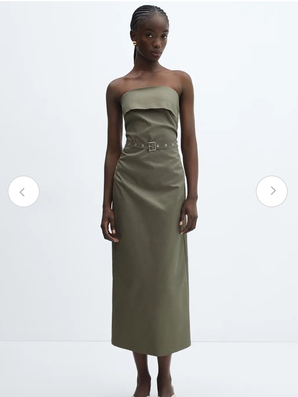 MANGO Belted Strapless Sheath Midi Dress in khaki